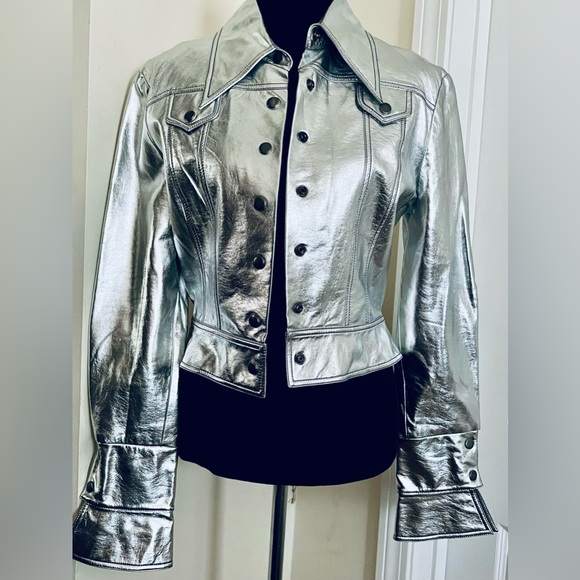 Silver Metallic Faux Leather lightweight Crop Trucker Jacket - Picture 1 of 6